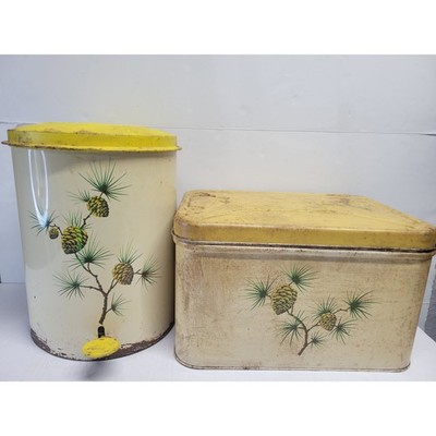 Vtg Pinecone Metal Kitchen Set Bread Box and Step Trash Can Yellow Cream MCM