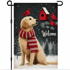 Winter Garden Flag 12x18 Inch Welcome Golden Retriever Dog Red, White, Green