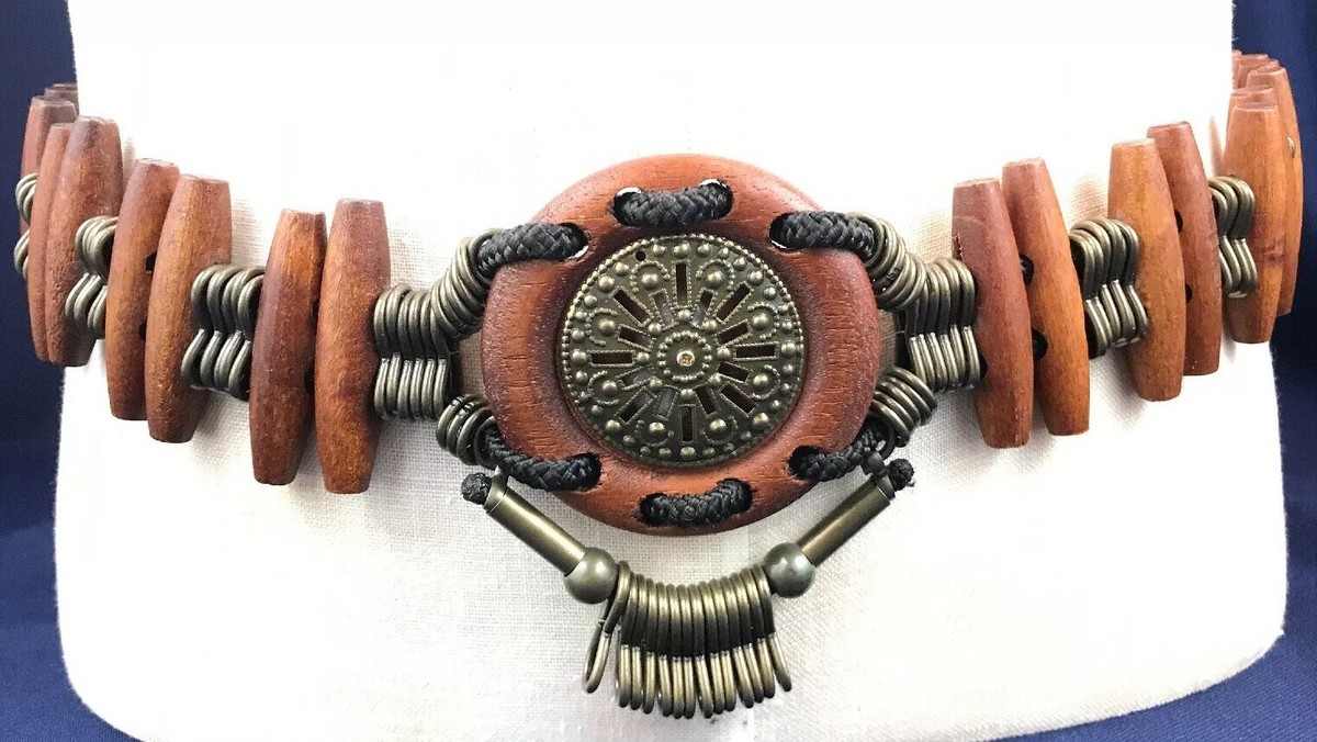 VIntage Women Concho Belt Metal Medallion Wood BOHO Bohemian 