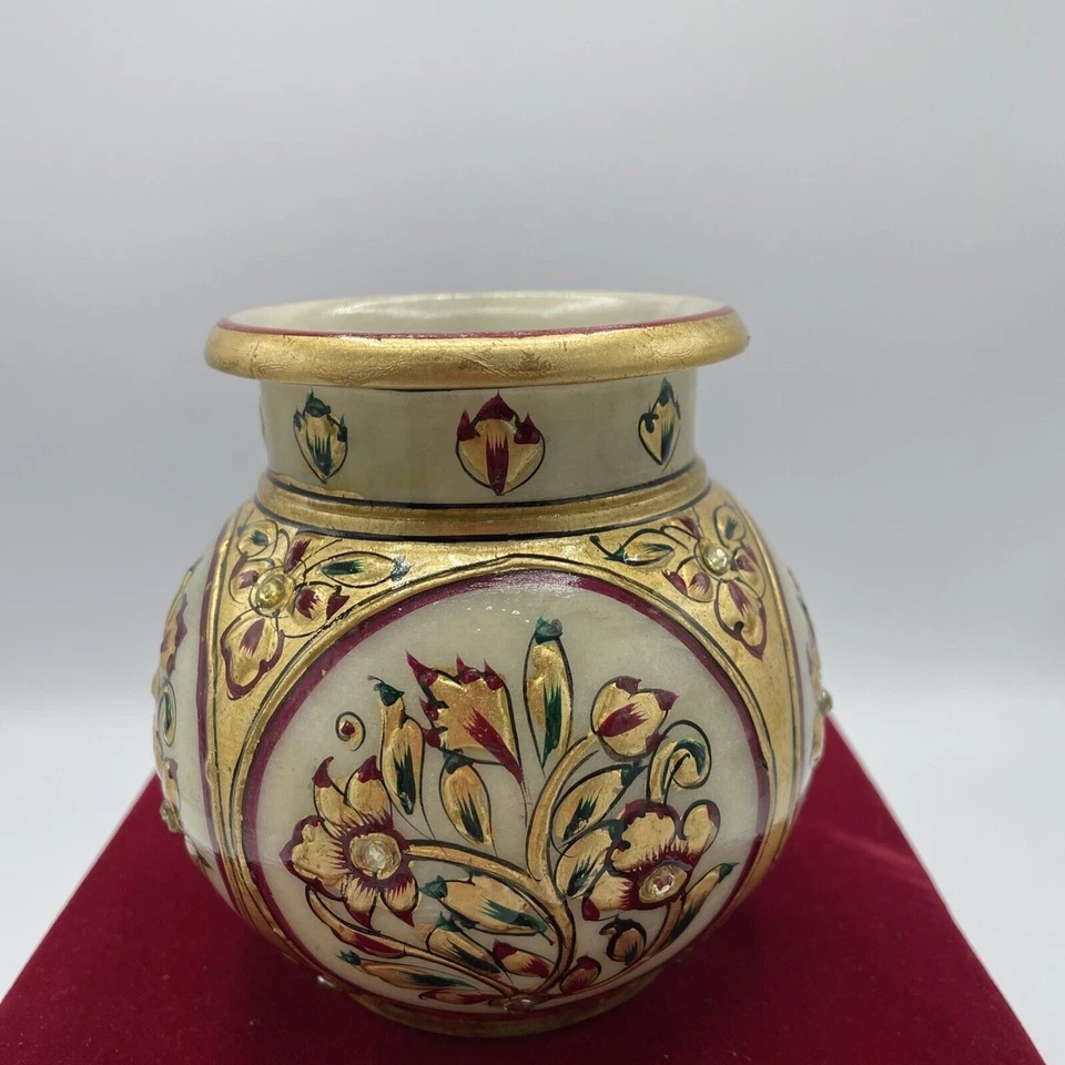 Marble Vase/Flower Pot Real Gold Accentss, Jeweled, Mughal, 4.5” Velvet Red Box - Bild 4 von 4