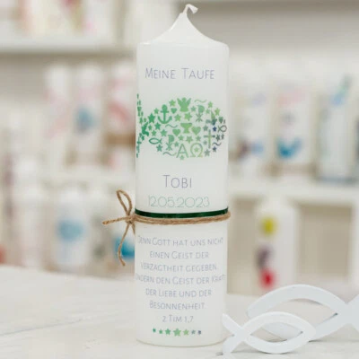 meinkerzenshop® Taufkerze mit Designdruck TOBI für Junge und Mädchen