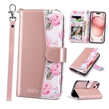 Compatible with iPhone 15 Wallet Case for Women, Premium PU Leather Rose Gold