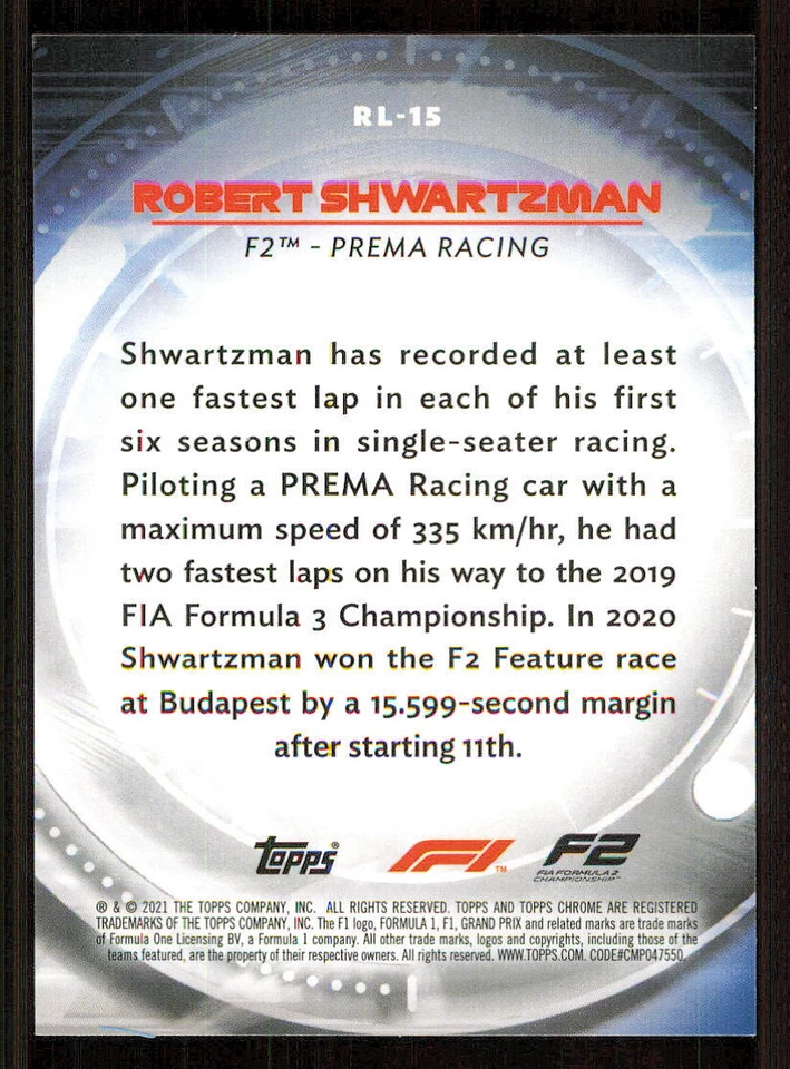 2021 Topps Chrome Formula 1 Red Liners #RL15 Robert Shwartzman - Image 2 of 2