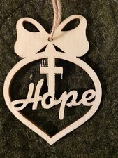 Ornament-Shaped Wood Ornament, with Religious word "Hope" and Cross