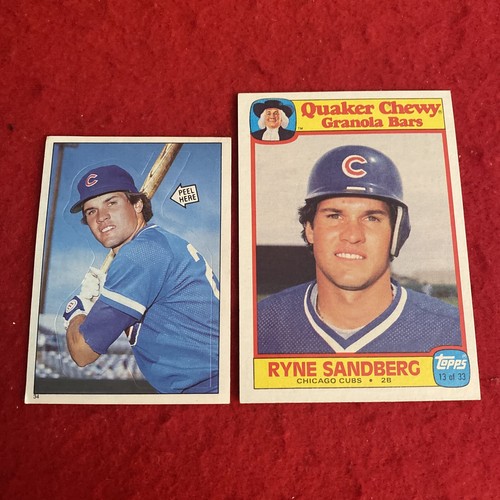 1985 Ryne Sandberg Topps Sticker #34 and 1986 Topps Quaker #13