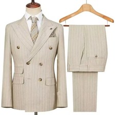 Men's Beige Striped Double Breasted Peak Lapel Prom Business Groom Tuxedo Suit