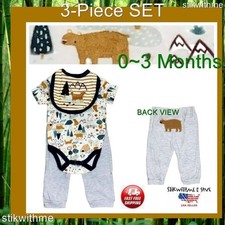 BABY 3-PIECE SET: Bodysuit, Long Pants  Bib OUTFIT Bear/Camping 0-3 mos. Nice