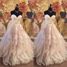 Blush Pink Wedding Dresses with Bead Appliques A-Line Ruffles Tulle Bridal Gowns