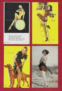 4 RISQUE ARCADE CARDS pin up girls ca 1940'S litho various artists