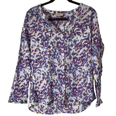 Loft long sleeve button up collar V-neck chest pockets white multicolor med READ