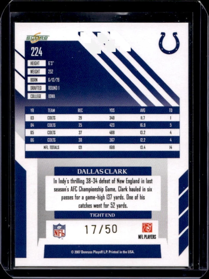 2007 Score Select Dallas Clark Gold Zone #17/50 Colts - Image 2 of 2