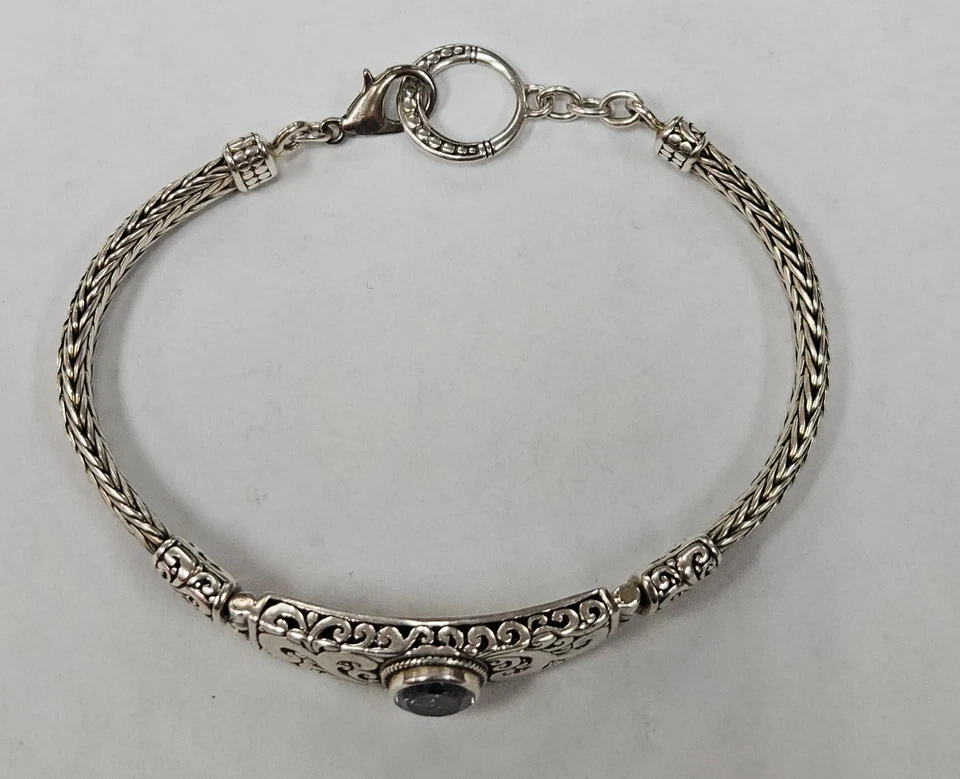 ATI ID SS Filigree Design Blue Topaz Foxtail Chain Bracelet 7  1/4" [115PIB] - Image 2 of 4