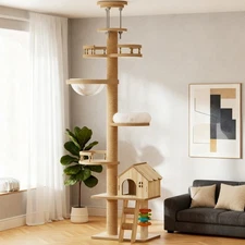 Floor To Ceiling Cat Tree Tower w Scratching Post Wood Condo Cave Bed & Hammock