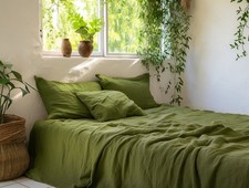 Moss Green Linen Sheets Set, 4 Piece Flat Fitted Sheets Set with Pillowcase