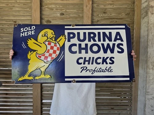 HUGE VINTAGE PURINA CHOWS CHICKS PROFITABLE PORCELAIN SIGN  FEED 36"×18"
