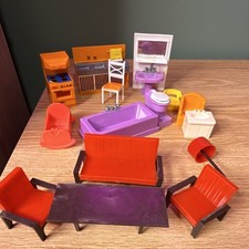 Plastic Dollhouse Furniture Lot, 13 Pieces for Kitchen, Bathroom, Living Room