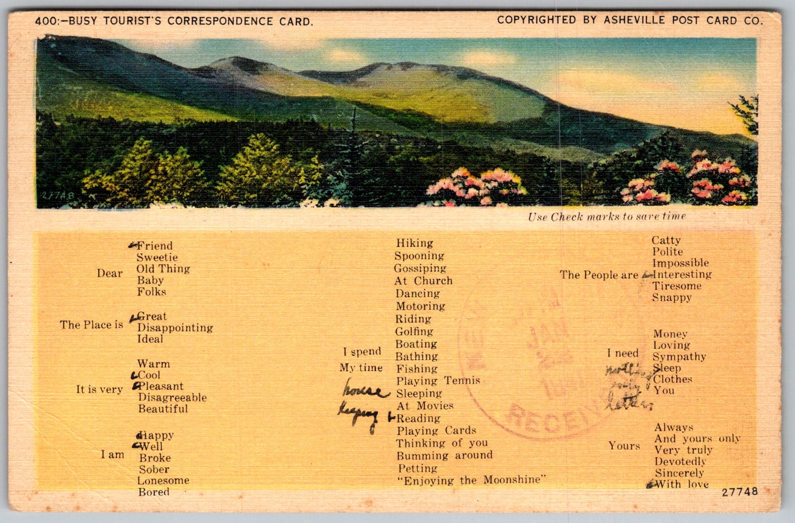 Vtg Linen Postcard Blue Ridge Mountains Panorama Asheville, NC 1940s