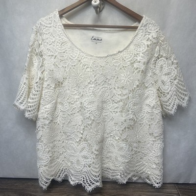 Simply Emma Women s 1X Ivory Floral Lace Short Sleeve Top   Lined   Plus Size