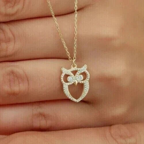 14K Yellow Gold Plated Owl Pendant Necklace 1.2 Ct Round Cut Simulated Diamond
