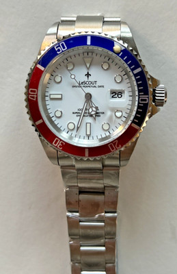 LeScout Automatic Diver Watch   White Dial   Pepsi Bezel   Bubble Date   SS