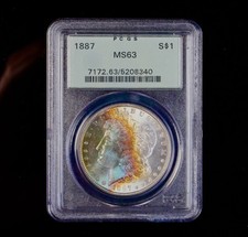 1887 $1 PCGS MS63 Morgan Silver Dollar Coin Rainbow Toned OGH Higher Grade?