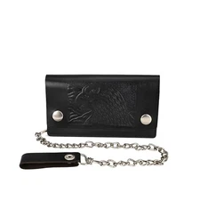 Leatherboss Leather Men Large Eagle Wallet with Chain Biker Trucker, Black 