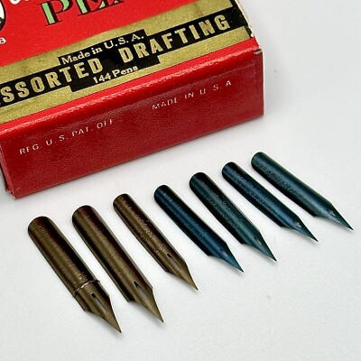 7 Vtg Esterbrook Art & Drafting Dip Pen Nibs 354 355 356 357 358 Sampler Set !