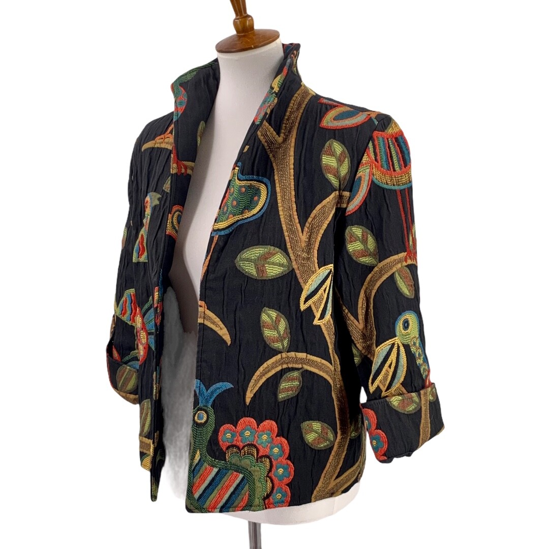 Giacca arazzo uccellino tropicale vintage dipinto pony artsy nero multi taglia large
