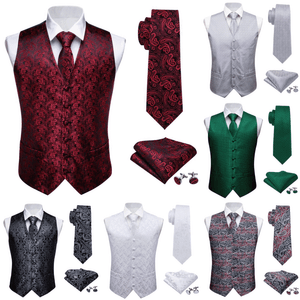 Mens-Waistcoat-Dress-Vest-Silk-Red-Black-Green-Blue-White-Paisley-Set-Suit-Tie