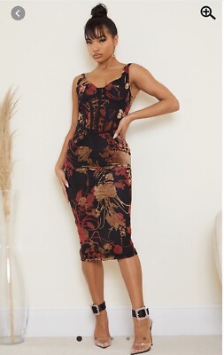 NWT PRETTYLITTLETHING Multi Floral Flocked Sleeveless Corset Detail Midi  Dress 0 | eBay
