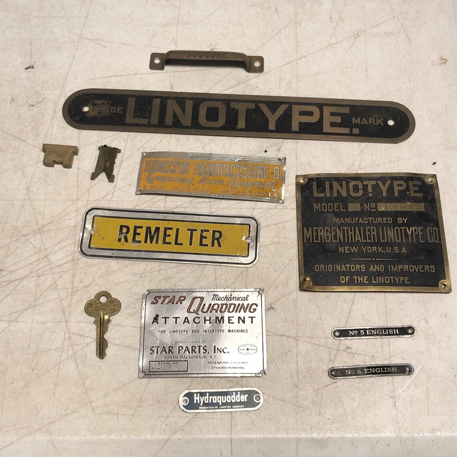 Vintage Printing Machine Emblems Linotype,English, Remelter, Star Quadding