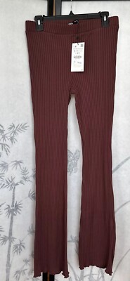 BWT Zara Knit Stretch Legging Pants W Wide Leg Hem, Brown, Large