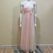 Vintage Van Raalte Nightgown 36 Pink White Chiffon Sheer Nylon Satin Tie USA