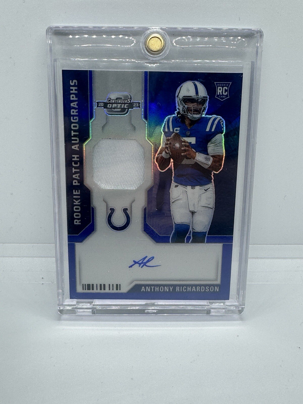 2023 Contenders Optic Anthony Richardson Blue Prizm Rookie Patch Auto RC /50