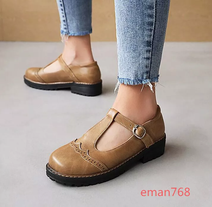 Womens Spring Casual Flat Heels T strap Mary Jane Buckle Shoes Retro Flats Pumps