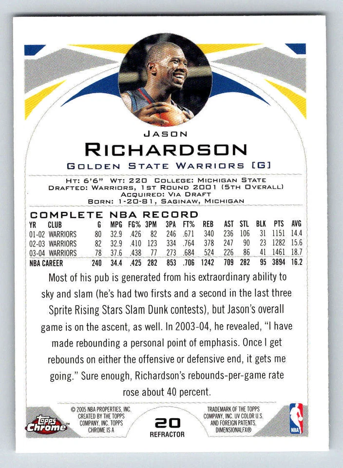 2004-05 Topps Chrome Refractors #20 Jason Richardson (ref 195822) - Image 2 of 2