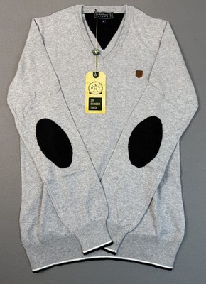 Sir Raymond Tailor Golf Club V Neck Sweater Gray Elbow Patch Men s Medium NWT