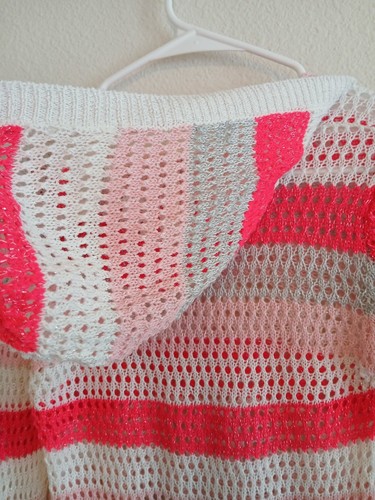 Poof Knit Sweater Girls 12 Pink White Stripe Hooded - Picture 9 of 10