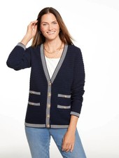 Plaited Trim V-Neck Cardigan at Talbots, NWT 149, color INDIGO BLUE/IVORY