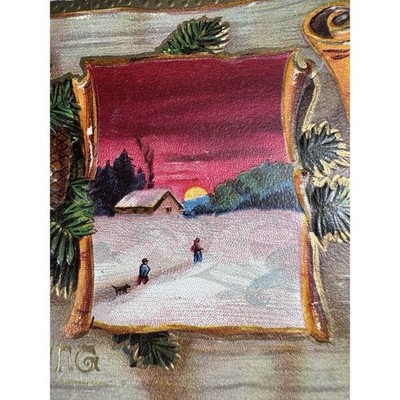 Antique Litho Postcard Edwardian Era Ephemera Christmas Sunset Winter Cottage