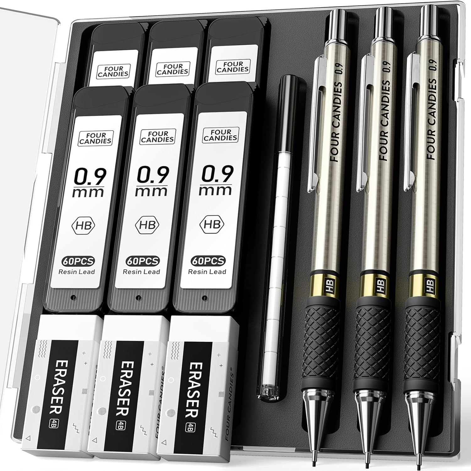 Set - 3pcs 0.9mm Art Mechanical Pencils & 360pcs Hb Lead