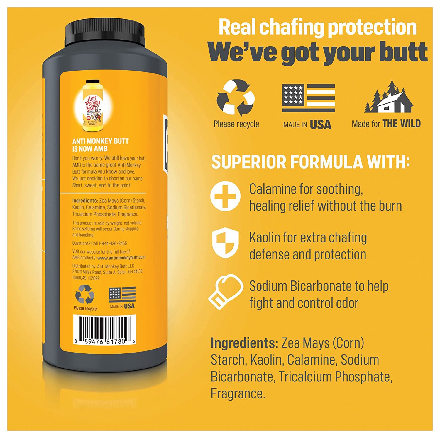 Пудра против натирания ягодиц обезьяны, 8 унций - Впитывает влагу и успокаивает кожу. -