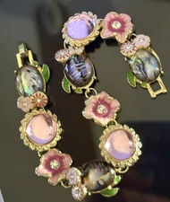 Art Nouveau Revival Floral Bracelet Pink Glass Abalone Enamel Flower Garden