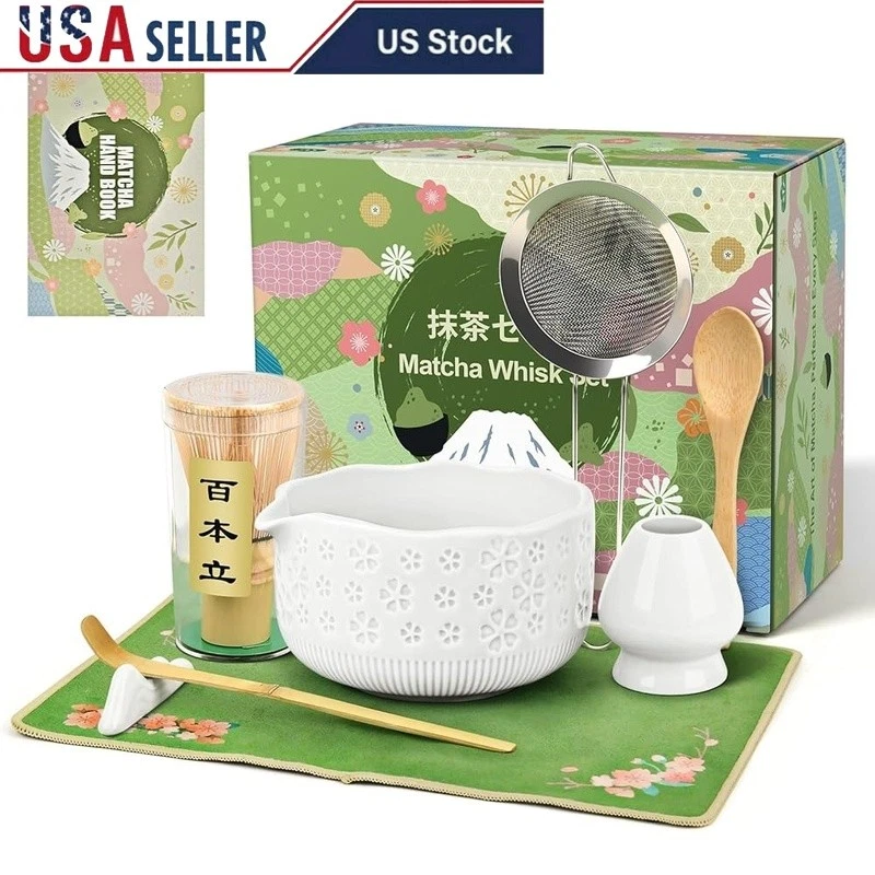 Complete Matcha Tea Set 7 Piece Bamboo Whisk Bowl Sifter Scoop Holder Towel New