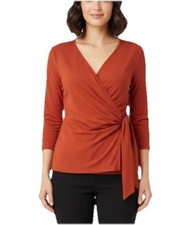 Karen Kane Women’s Russet Orange 3/4 Sleeve Drape Wrap Style Self-Belt Top Sz M