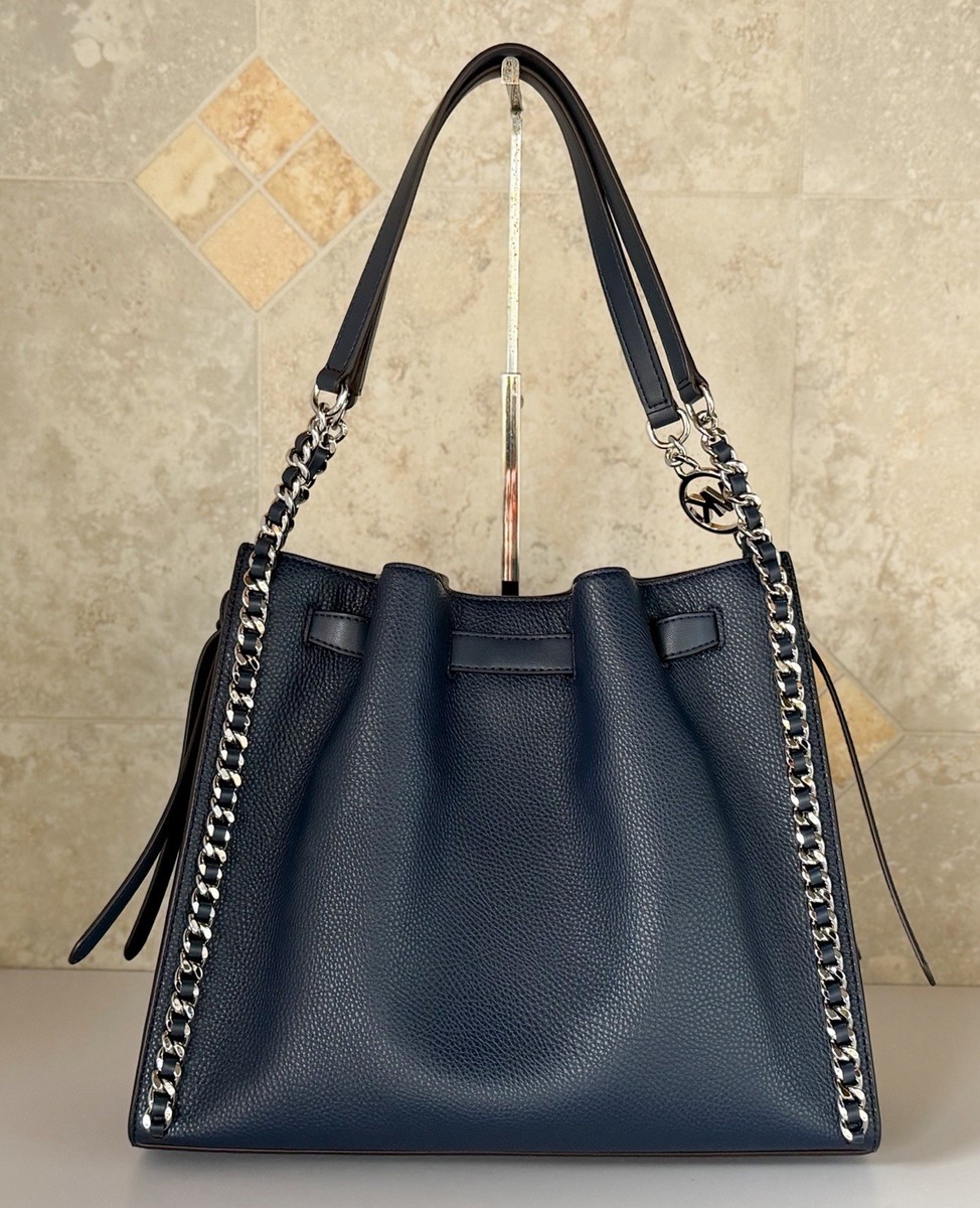 Michael Kors Mina Large Belted MK Chain Shoulder Bag Navy/Silver