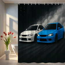 Blue and White Car Shower Curtain - Modern Bathroom Decor