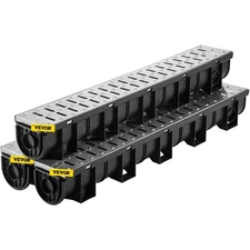 Strong Support Trench Drain 5.9x5.1in HDPE Black with Metal Grate 3Piece