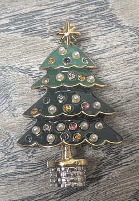TALBOTS Christmas Tree Multicolor Rhinestone Brooch Green Enamel. 