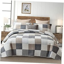 Plaid Quilt Size - 100 Cotton Farmhouse Quilt with 2 Pillow King Grey Brown